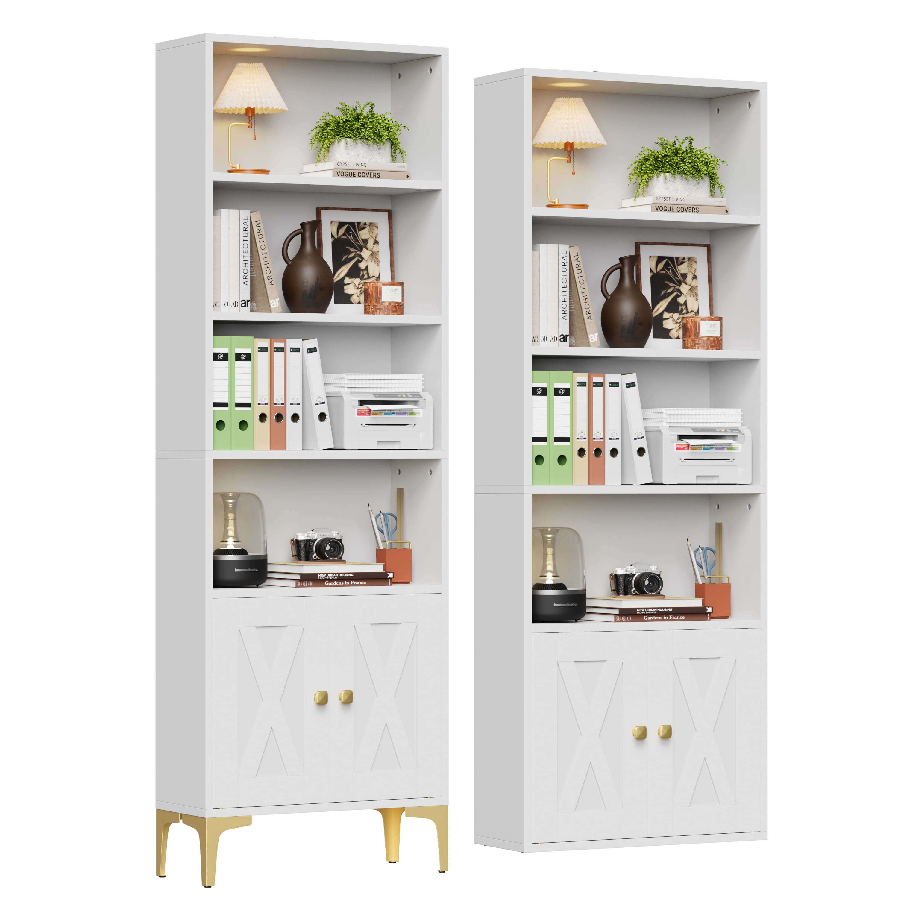 JOZ 5-Shelf Bookcase with Doors, Adjustable Feet, Tall Storage