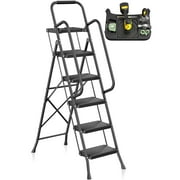 JOZ 5-Step Ladder, 350lbs Portable Folding Ladders for Home, with Handrails and Tool Tray and Anti-Slip Pedal, Black