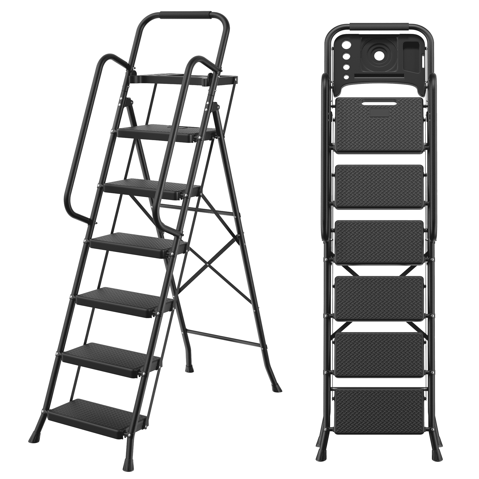 JOZ 6 Step Ladder for Adults, 800lbs Heavy Duty Folding Ladder with Tool Tray, Upgraded Non Slip Handrails and Anti Slip Pedal for Home Office Garage, Black