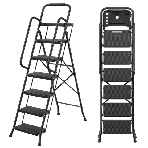 JOZ 6 Step Ladder for Adults, 800lbs Heavy Duty Folding Ladder with Tool Tray, Upgraded Non Slip Handrails and Anti Slip Pedal for Home Office Garage, Black