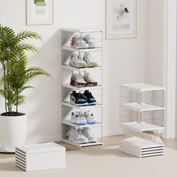 JOZ 6-Tier Foldable Shoe Organizer Box – Stackable Clear Shoe Storage Bins for Men & Women, Fits Size 12, No Assembly Required (Universal All-in-One Storage), 2025 New Release