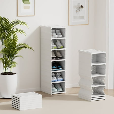 JOZ 6-Tier Foldable Shoe Organizer Box – Stackable Shoe Storage Bins with Lids for Closets, Fits Size 12, No Assembly Required Containers
