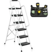 JOZ Folding 5-Step Ladder, 350lbs, with Handrails and Tool Tray and Anti-Slip Pedal, White