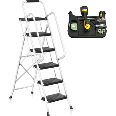 JOZ Folding 5-Step Ladder, 350lbs, with Handrails and Tool Tray and Anti-Slip Pedal, White