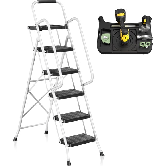 JOZ Folding 5-Step Ladder, 800lbs, with Handrails and Tool Tray and Anti-Slip Pedal, White
