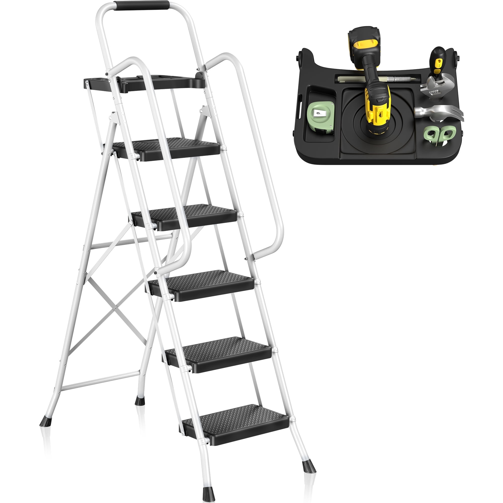 JOZ Folding 5-Step Ladder, 350lbs Capacity, Compact Design, Tool