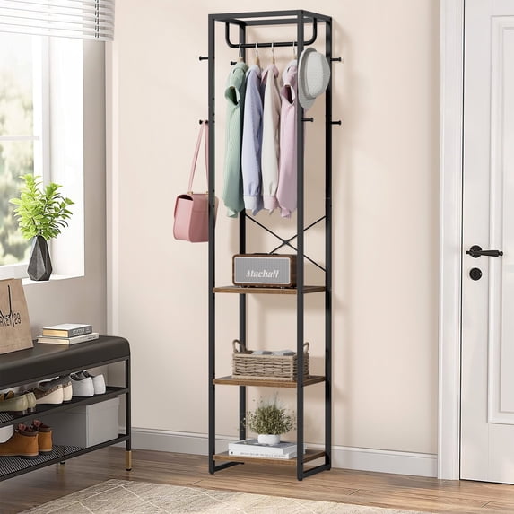 JOZ 70" Industrial Coat Rack with Shelf - Freestanding Hall Tree Entryway Organizer, 8 Hooks & Storage Bench for Coats, Shoes, Bags (Rustic Brown)