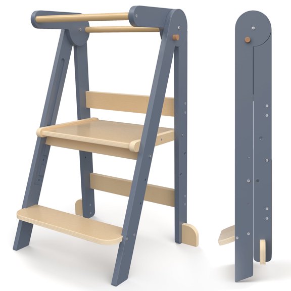 JOZ Kitchen Toddlers Step Stool, Montessori Kids Learning Stool, Foldable Toddler Tower for Counter, Standing Helper for Children, 3 Adjustable Heights, Wooden, Gray