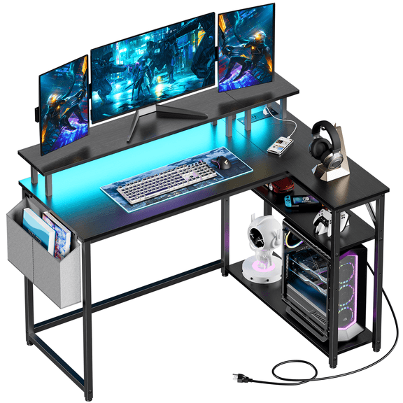 JOZ L-Shaped Office Desk with Power Outlets & LED Lights, 47" Computer Desk with Monitor Stand, Black