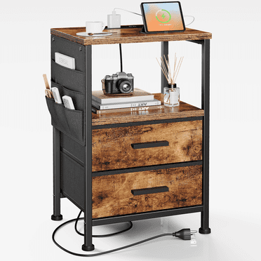 JOZ Modern Nightstand with Charging Station, Bedside Table with Drawers, Storage Shelf & Side Pockets for Bedroom, Rustic Brown