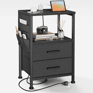 JOZ Nightstand with Charging Station, End Table with Cloth Drawer, Side Table with Storage Bag, Black