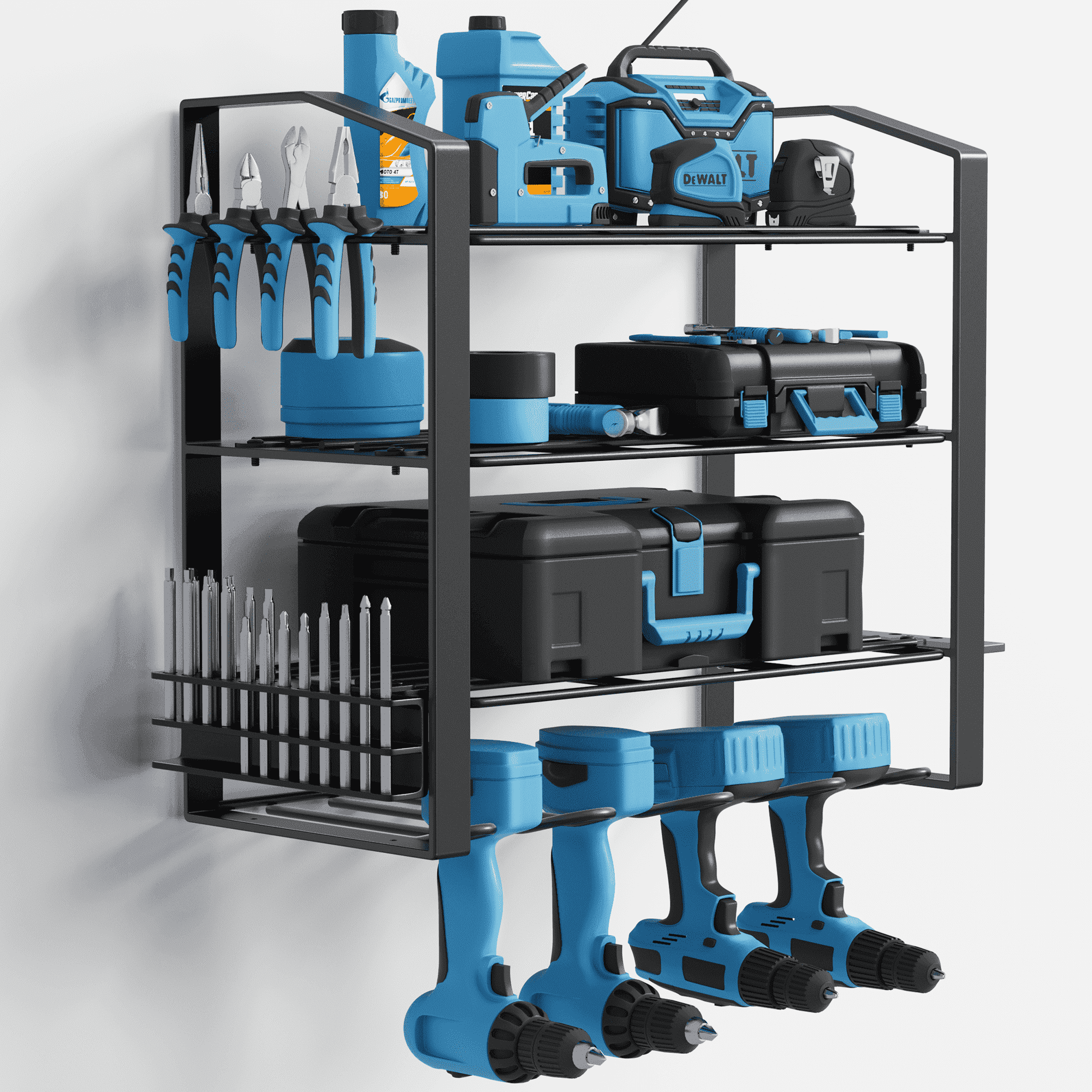 JOZ Power Tool Organizer Rack Wall Mounted, 4 Layers Storage Rack with 4 Drill Holders, Heavy Duty Metal Floating Tool Shelf, for Workshop or Garage