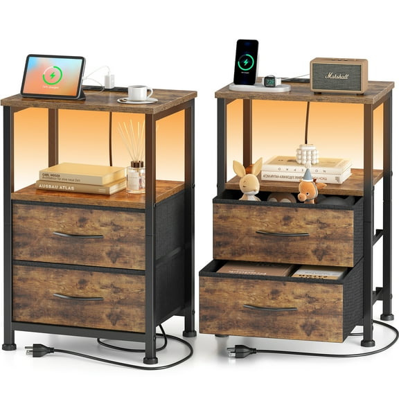 JOZ Nightstand with Charging Station & Adjustable LED Lights - Set of 2, Rustic Brown End Table with Fabric Drawers, Bedside Table with Storage Shelf