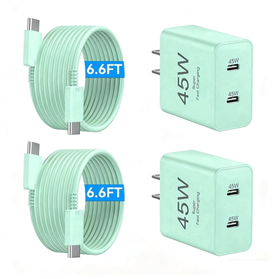 Super Fast Type C Charger Compatible,2-Pack45W Dual Port USB C Android Charger Block with 6.6FT Cable Compatible for Samsung Galaxy S26/S26Ultra/S25/S24/S23Ultra/S23+/S22/S21/S20-mini green