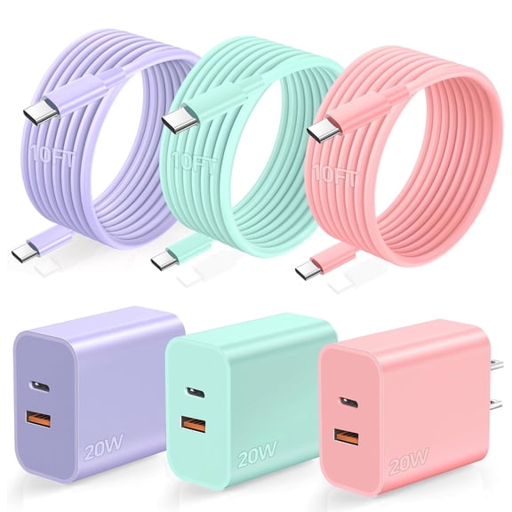 JAYUANONE 20W Fast Charger Kit for iPhone16 Pro, Tri-color 10ft USB Type C  Cable,  for Power Bank, iPhone 15-16 Series, Samsung Galaxy, Note, Android,Tablet & Universal