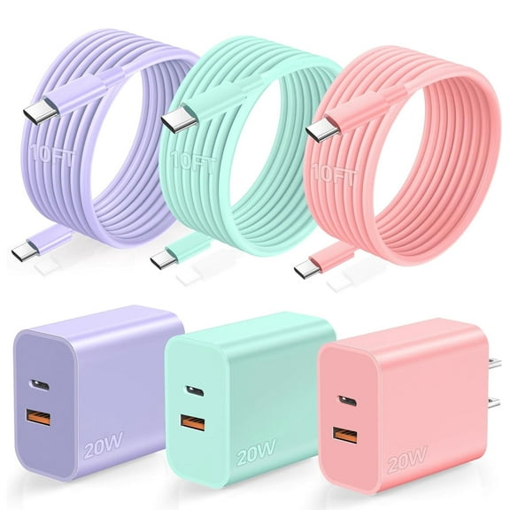 JAYUANONE 20W Fast Charger Kit for iPhone16 Pro, Tri-color 10ft USB Type C  Cable,  for Power Bank, iPhone 15-16 Series, Samsung Galaxy, Note, Android,Tablet & Universal