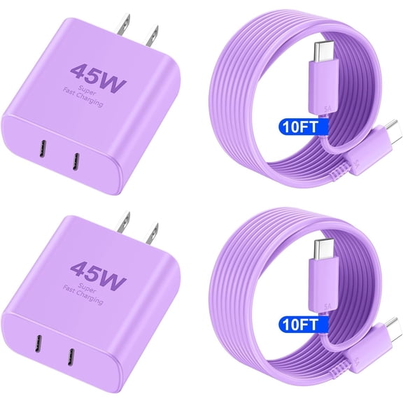 2Packs 45W Super Fast Charger Dual USB C Port Wall Charger Block with 10FT Type-C Cord for iPhone 17/16/15 Pro Max/Pro/Plus,Ipad (Lavender)