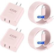 USB C Charger 2 Pack, 45W Super Fast Charging Dual Port Type C Wall Block with 10FT Long USB-C Cord for iPhone 17/16/15/Pro, Galaxy S26/S25, iPad AirPods