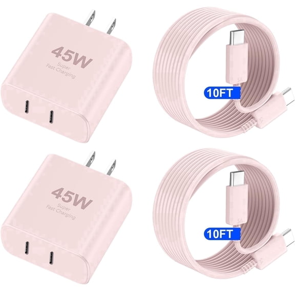 USB C Charger 2 Pack, 45W Super Fast Charging Dual Port Type C Wall Block with 10FT Long USB-C Cord for iPhone 17/16/15/Pro, Galaxy S26/S25, iPad AirPods