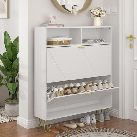 JOZZBY Large Shoe Cabinet for Entryway, 46'' White Narrow Shoe Storage Cabinet with 2 Flip Drawers and Open Shelves, Hidden Wide Freestanding Shoe Rack Organizer for Hallway, Living Room