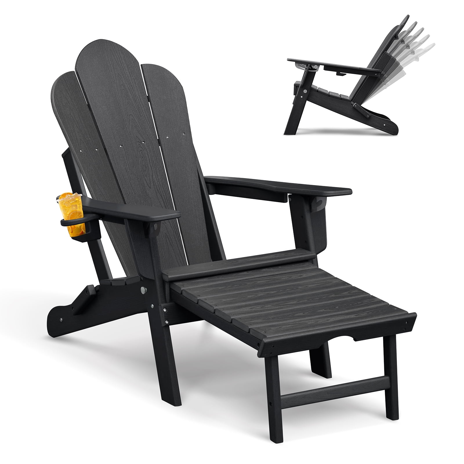 JP OUTDOOR Folding Adjustable Adirondack Chair with Ottoman & Cup Holder,HDEP Multifunctional Adirondack Chair with Footrest,Black