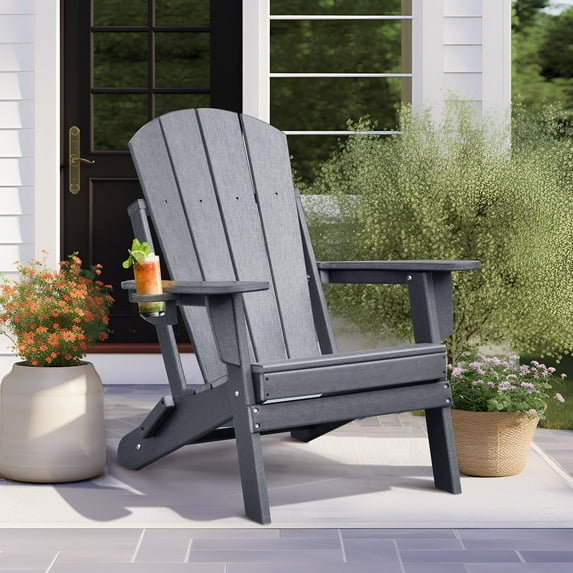 JP OUTDOOR Outdoor Folding Adirondack Chair, Patio Resin Adirondack Chair with Cup Holder, Dark Gray