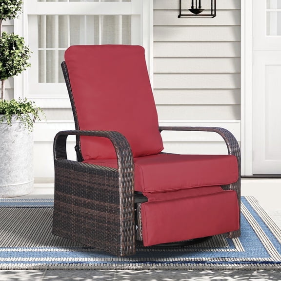 JP OUTDOOR Indoor or Outdoor Wicker Swivel Recliner, All-Weather Swivel Rocker Recliner, Red