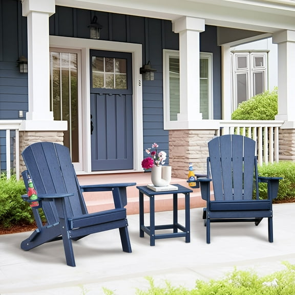 JP OUTDOOR Patio Foldable Adirondack Chairs Set of 3, Patio Resin Adirondack Chair with Cup Holder & Side Table , Blue