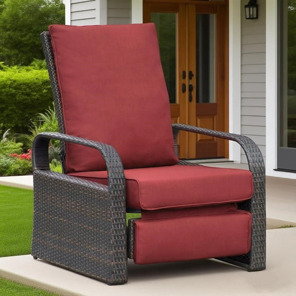 JP Outdoor Indoor Adjustable Reclining Outdoor Furniture, Patio Wicker Recliner Chair with Fade Resistant Cushion, Red