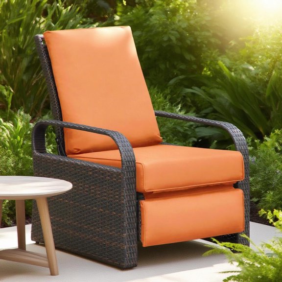 JP Outdoor Indoor Outdoor Wicker Recliner Patio Chair with Waterproof Cushions, Orange