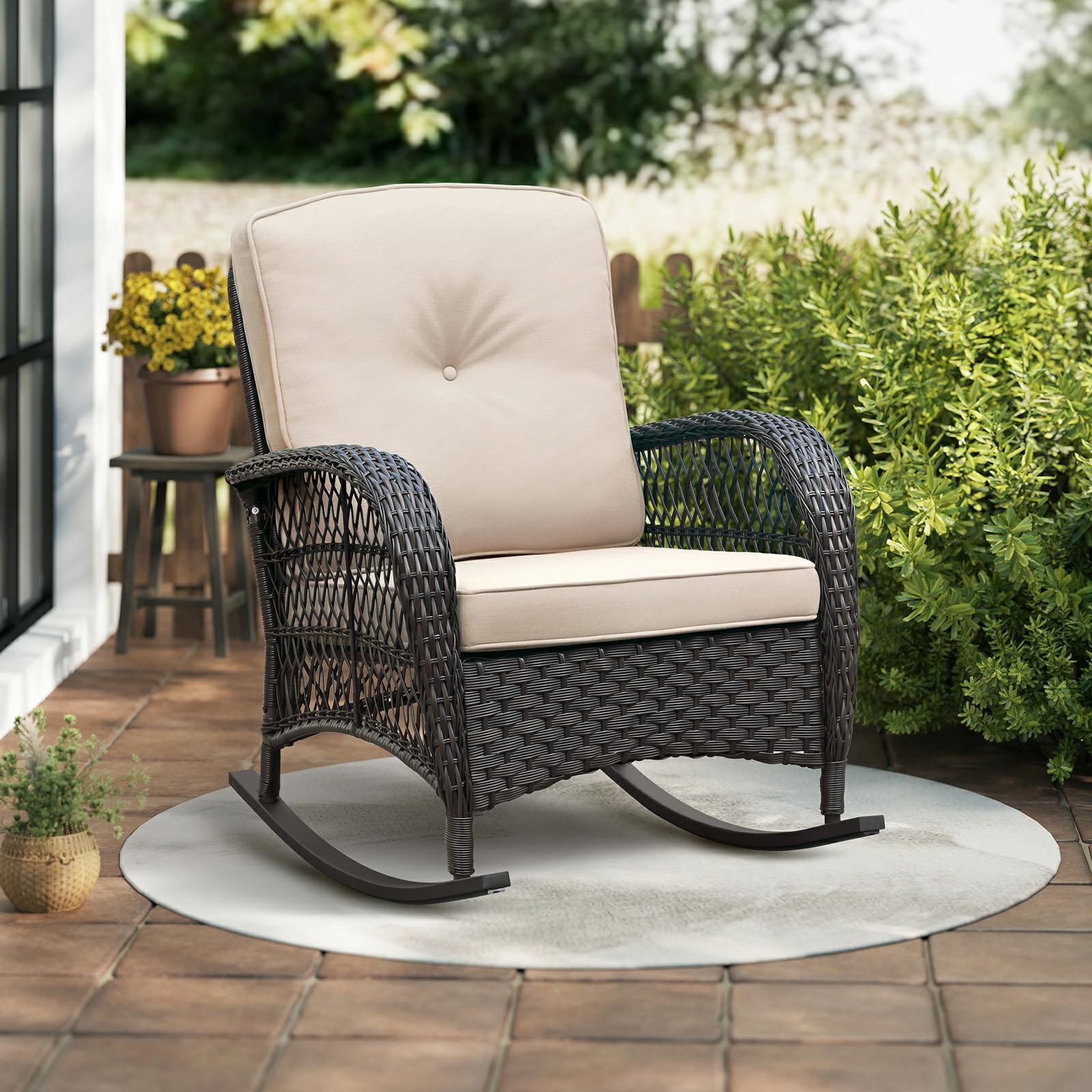 JP Outdoor Modern Farmhouse Wicker Rocking Chair for Indoor or Outdoor Patio,Khaki（Brown Wicker)