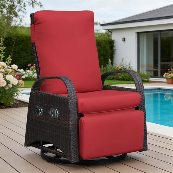 JP Outdoor Outdoor Patio Recliner Swivel Rocker Chair with Thickness Cushion,Adjustable Backrest and Footrest,for Garden,Backyard,Red