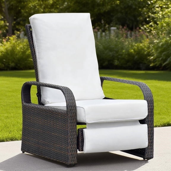 JP Outdoor Indoor Outdoor Wicker Recliner Chair with Fade Resistant Cushion, Rust-Resistant Aluminum Frame,White