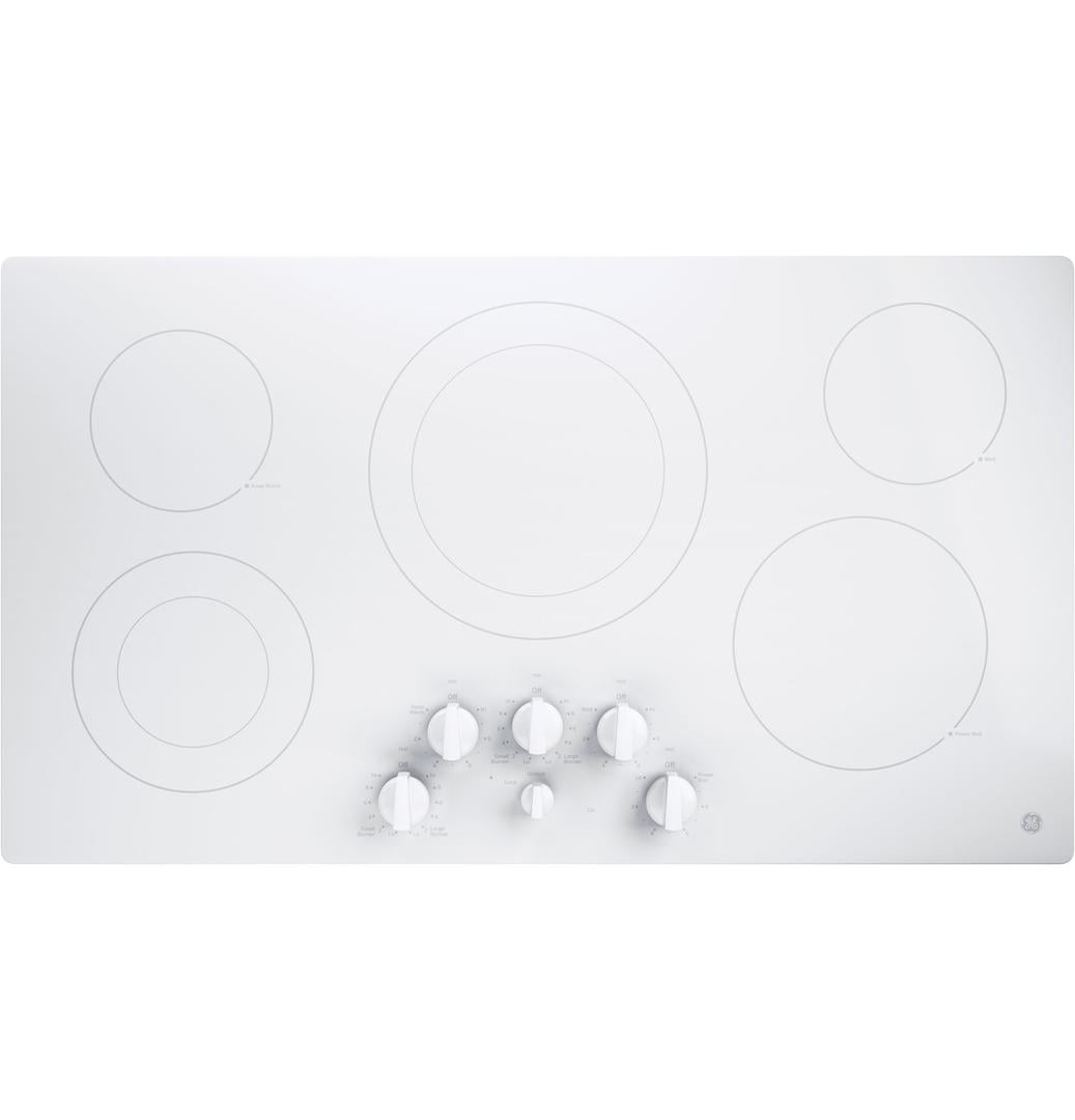 JP3536TJWW 36 Built-in Electric Cooktop with Five Radiant Cooking Elements Front Centered Control Knobs Keep-Warm and Melt Settings in White