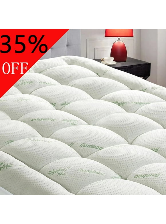 JPHOME Bamboo Queen Size Quilted Pillowtop Mattress Topper Pad Cover with Deep Pocket Fitted 8"-21", Ultra Soft & Comfort