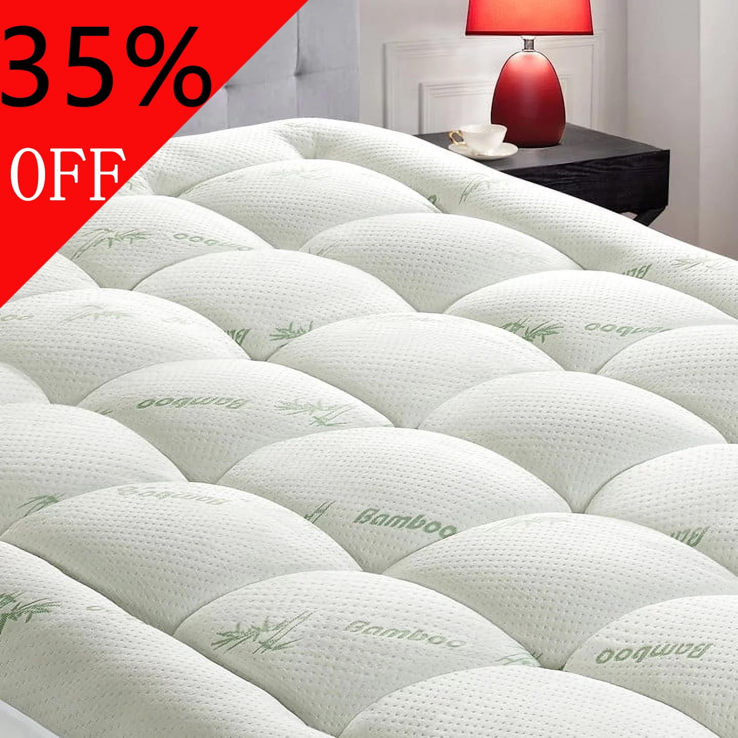 JPHOME Bamboo Queen Size Quilted Pillowtop Mattress Topper Pad Cover with Deep Pocket Fitted Up to 8"-21", Soft & Comfort
