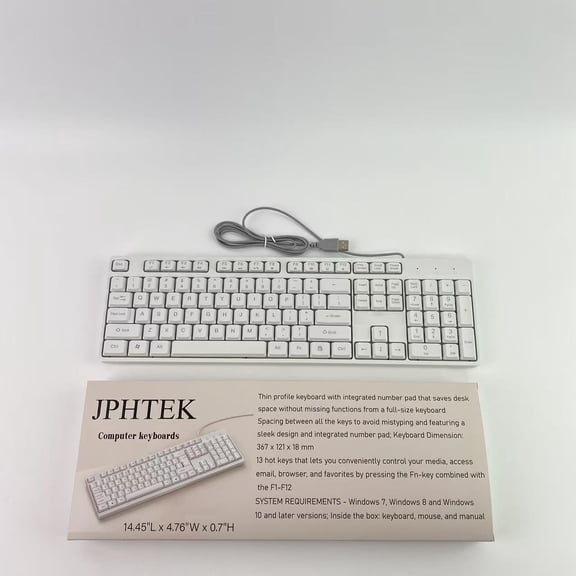 JPHTEK Computer keyboards,Wired Quiet USB Keyboard - 14.45x4.76x0.70 Inches - Compact Design with Number Pad - White