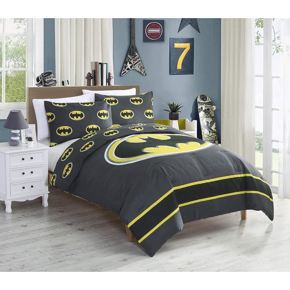 JPI DC Comics Batman Emblem 2-Piece Reversible Twin Comforter Set - Gray and Black - Officially Licensed - Super Soft & Cozy - 68'' x 86'' - 100% Polyester