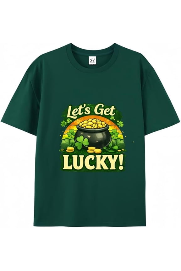 St Patrick’s Day Shirt for Women Men, Let’s Get Lucky Shamrock T Shirt, Funny Irish Clover Pot of Gold Graphic Tee, Saint Patricks Day Party Outfit Gift