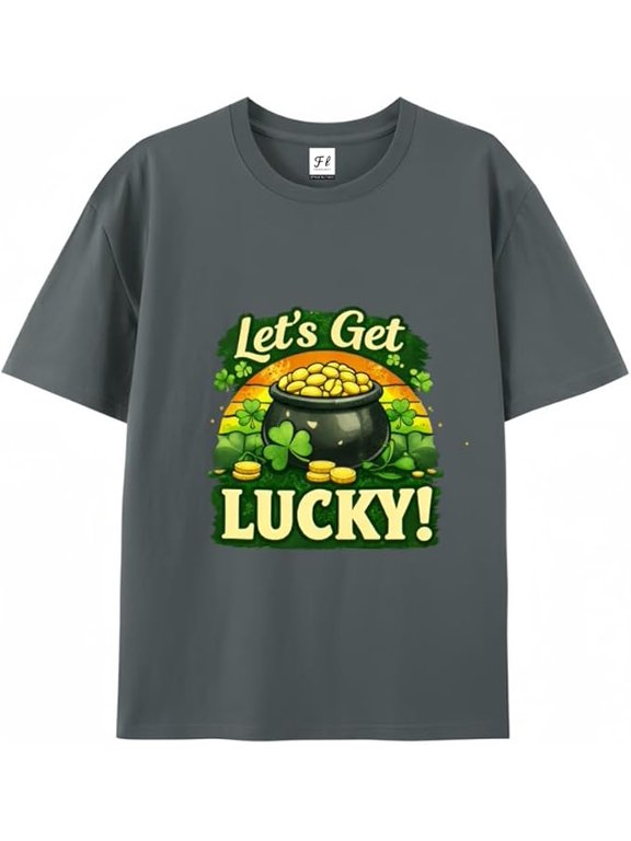 St Patrick’s Day Shirt for Women Men, Let’s Get Lucky Shamrock T Shirt, Funny Irish Clover Pot of Gold Graphic Tee, Saint Patricks Day Party Outfit Gift