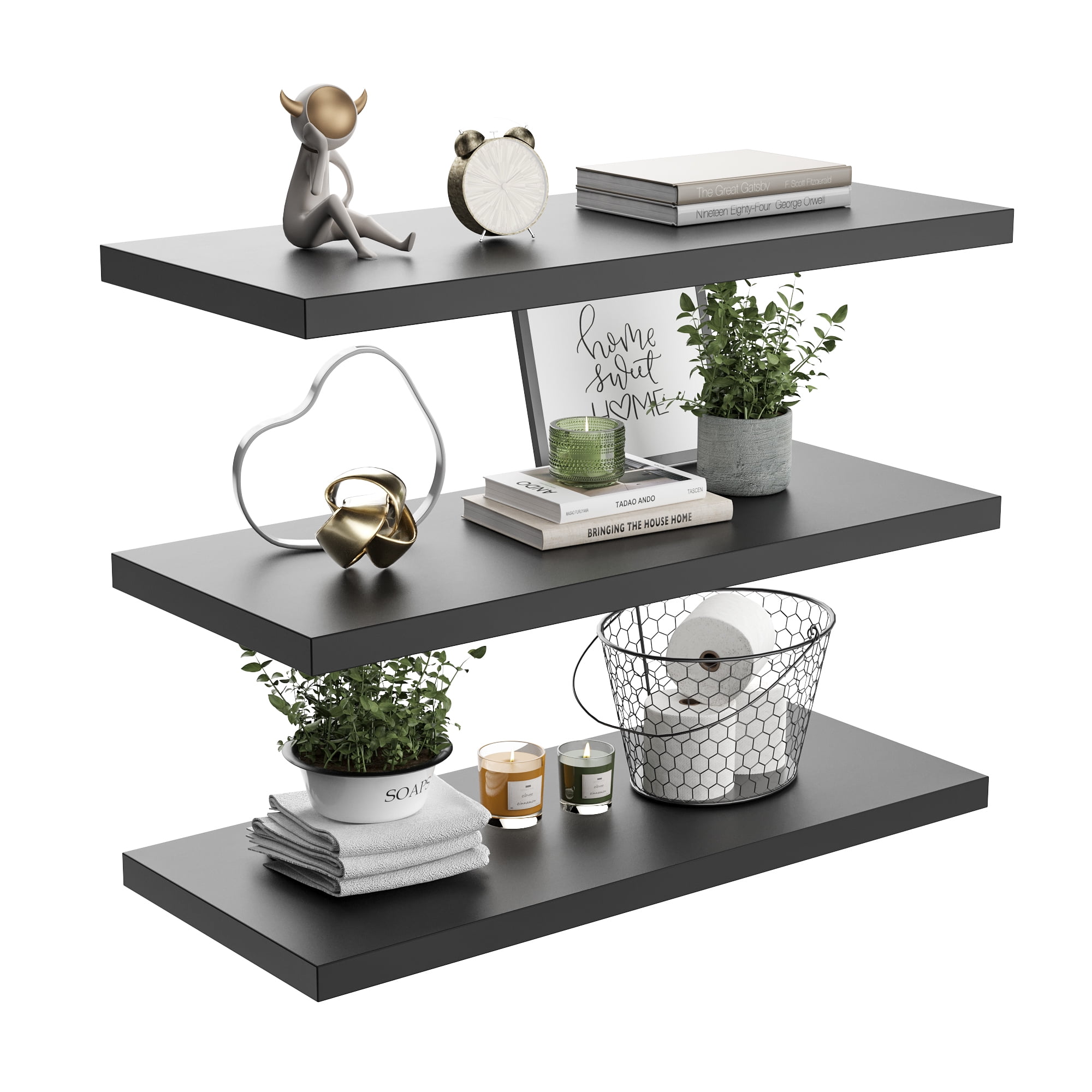 JPND 30 inch Wooden Floating Wall Shelf Set of 3, Invisible Brackets ...