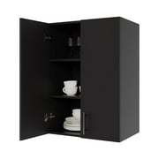 JPND Wall Mounted Wooden Storage Cabinet, 24" W x 33" H x 16" D Black Kitchen Storage Cabinet with 2 Soft Doors and Adjustable Shelves
