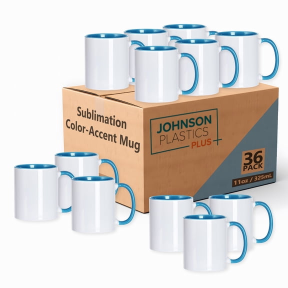 JPPlus 11oz Sublimation Mugs with Colored Handles & Interiors | Tazas para Sublimar, Bulk Mugs for Custom Designs & Branding | White Mugs Set of 12 or Case of 36- Light Blue (36)