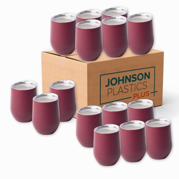 JPPlus 12oz Stemless Wine Glass Tumbler Blanks for Laser Engraving, UV-LED Vinyl, or Toner Heat Transfer. Personalize for Parties, Gifts, or Branding. With Clear Lid (50, Burgundy)