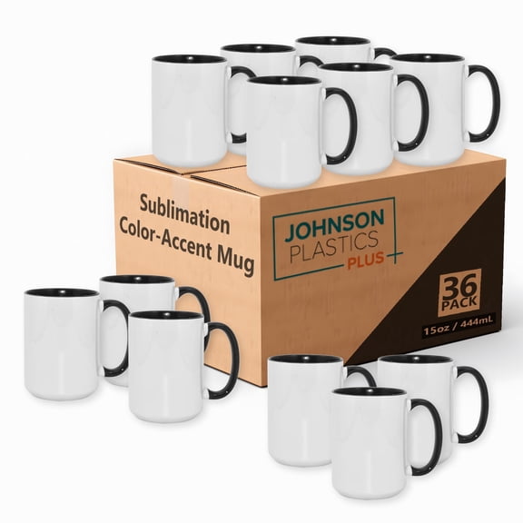 JPPlus 15oz Sublimation Mugs with Colored Handles & Interiors | Tazas para Sublimar, Bulk Mugs for Custom Designs & Branding | White Mugs Set of 12 or Case of 36- Black (36)