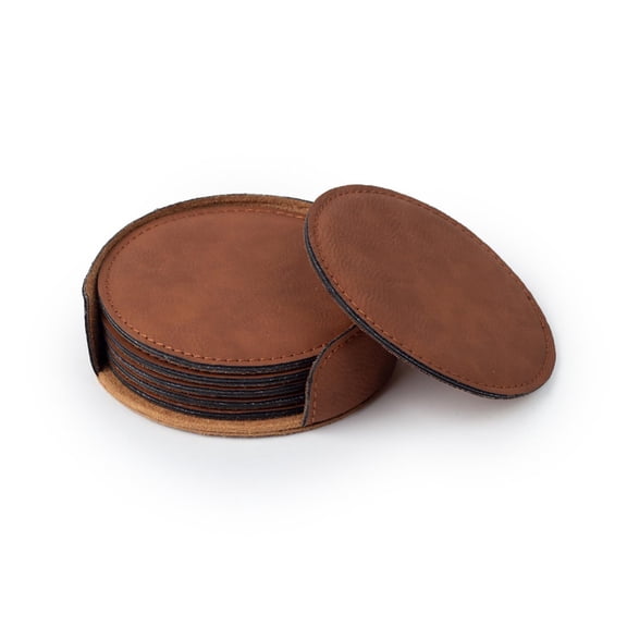 JPPlus 3.75" Round Coaster Engraving Blanks with Holder. Saddle Collection Set of Six. Classic Faux Leather Design Perfect for Office Desk, Conference Room, or Home Décor (1, Chestnut)