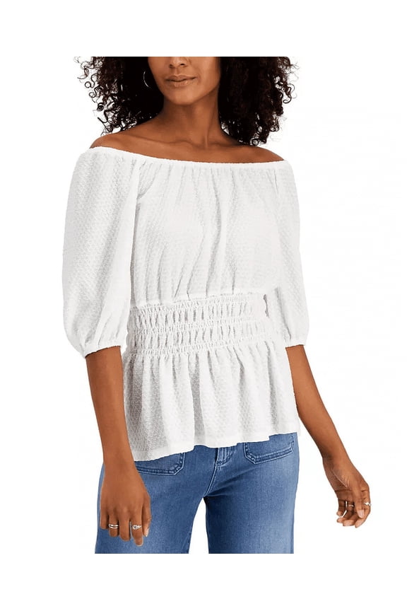 JPR Studio OFF WHITE Women's Smocked-Waist Peasant Top, US XS
