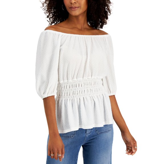 JPR Studio Smocked Waist Peasant Top Off White L