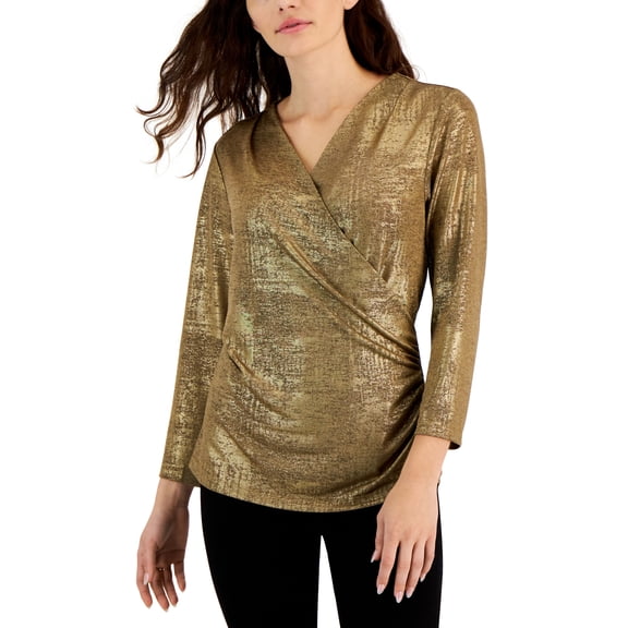 JPR Studio Womens Metallic Surplice Faux Wrap Top Gold S