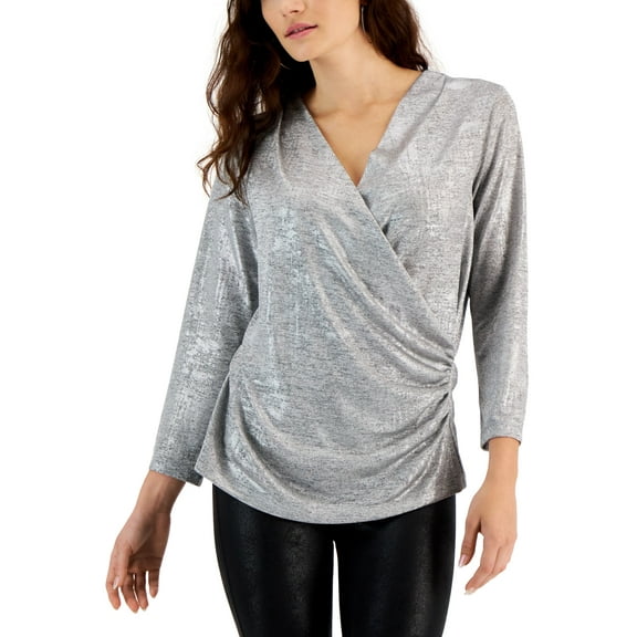 JPR Studio Womens Metallic Surplice Faux Wrap Top Silver XS